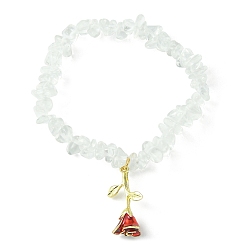 Quartz Crystal Natural Quartz Crystal Chips Beaded Stretch Bracelets with Alloy Enamel Rose Charms, Inner Diameter: 2 inch(4.95cm)