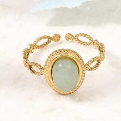 Green Aventurine 304 Stainless Steel Cuff Open Rings for Women, Oval, with Natural Green Aventurine, Ion Plating(IP), Golden, 11.5mm, Inner Diameter: 17mm
