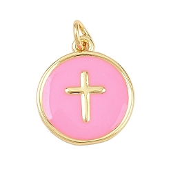 Pink Латунь эмаль подвески, с целью перехода в кольце, плоские круглые с поперечными прелести, без свинца и без кадмия, долговечный, реальный 18 k позолоченный, стойки покрытие, розовые, 16.5x14x1.5 мм, отверстие : 2.5 мм