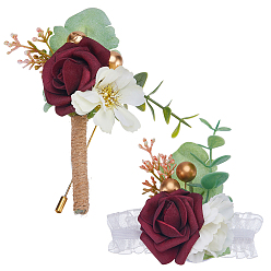 Темно-Красный 2шт 2 стиль тканевая и пластиковая имитация розы бутоньерка и корсажи для запястья, с шелковой лентой, для свадьбы, оформление партии, темно-красный, 55~122 мм, 1 шт / стиль