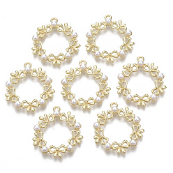 Light Gold Подвески из сплава , с абс пластмассовой имитационной жемчужиной, кольцо с бантом, золотой свет, 27.5x24.5x4 мм, отверстие : 1.6 мм