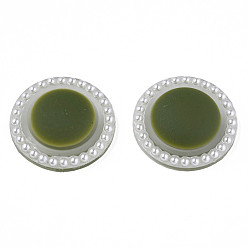 Dark Olive Green Acrylic Cabochons, with ABS Plastic Imitation Pearl Beads, Flat Round, Dark Olive Green, 21.5x6mm