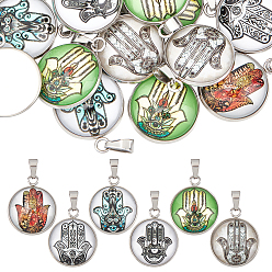 (52) Непрозрачная лаванда 24шт 6 цветные стеклянные подвески с узором «хамса», с 304 фурнитурой из нержавеющей стали, плоские круглые прелести, разноцветные, 26.5x22x6.5 мм, отверстие : 6x4 мм, 4 шт / цвет