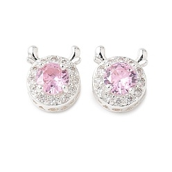 Бледно-Розовый Латунные микро проложить кубического циркония бусы, без кадмия, без никеля и без свинца, 925 серебро покрытием, голова оленя, розовый жемчуг, 11.5x10x6.5 мм, отверстие : 1.8 мм