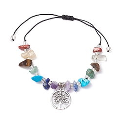 Смешанные камни Браслеты из плетеных бусин из натуральных и синтетических драгоценных камней чакра, Регулируемые браслеты с подвесками из сплава «Древо жизни» для женщин, внутренний диаметр: 1-3/8~3-3/8 дюйм (3.5~8.5 см)