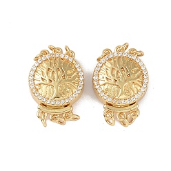 Real 18K Gold Plated Rack Plating Brass Micro Pave Clear Cubic Zirconia Box Clasps, 3-Strand, 6-Hole, Flat Round with Tree of Life Pattern, Real 18K Gold Plated, 21x15x7mm, Hole: 2.4mm