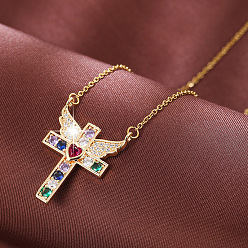 Golden Brass Pave Colorful Cubic Zirconia Cross with Angel Wings Pendant Necklaces for Women, Golden, 14.96 inch(38cm)