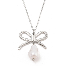 Нержавеющая Сталь Цвет 304 ожерелья из нержавеющей стали и пластика с подвеской в виде банта из жемчуга и цепочки, цвет нержавеющей стали, 15.67 дюйм (39.8 см)