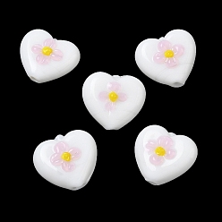 Белый Эмалевые бусины ручной работы в технике лэмпворк, бусины ручной работы, Сердце со цветками , белые, 15x16.5x8~9 мм, отверстие : 1.4 мм