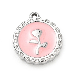 Stainless Steel Color 304 Stainless Steel Enamel Pendants, Flat Round with Rose Flower Pattern Charms, Stainless Steel Color, 18x16x3mm, Hole: 1.4mm