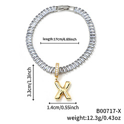 Letter X Модные латунные браслеты с подвесками, кубический цирконий теннисные браслеты для женщин, буквы, Письмо X, 7-1/2 дюйм (19 см)