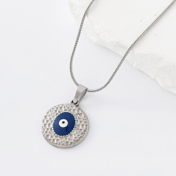 Blue 304 Stainless Steel Enamel Evil Eye Pendant Necklaces for Women, Silver Color Plated, Blue, 15.75 inch(40cm)