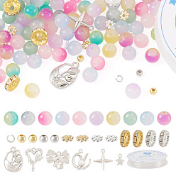 Gemischte Farbe DIY Armbänder machen Kit, einschließlich Glas-, Messing-, Strassperlen, Zwischenperlen aus Legierungen, Anhänger aus Legierungen und 304 Biegeringe aus Edelstahl, klarer elastischer Kristallfaden, Gemischte Farbe, 8.5x7.5 mm, Bohrung: 1.2 mm