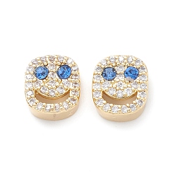 Dodger Blue Brass Micro Pave Cubic Zirconia Beads, Lead Free & Cadmium Free, Long-Lasting Plated, Real 18K Gold Plated, Oval with Smiling Face, Dodger Blue, 9x8x4mm, Hole: 1mm