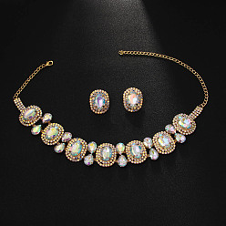 Золотой Овальные ожерелья из сплава стекла с подвесками и комплекты серег-гвоздиков, золотые, 330 мм