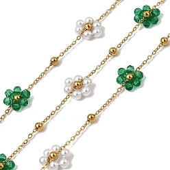 Морско-зеленый 304 из нержавеющей стали цепи связи цветок, со стеклом и абс-пластиковым жемчугом, стойки покрытие, долговечный, ионное покрытие (ip), пайки, с катушкой, реальный 18 k позолоченный, цвета морской волны, 1.7x1.3x0.6 мм