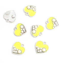 Желтый Подвески из эмали и сплава, с пластиковой имитацией жемчуга, шарма сердца, золотые, желтые, 17.5x17.6 мм