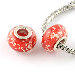 Красный Светятся в темноте ручной светящийся стиль лампворк большое отверстие европейских бисера, с латунными ярдами серебянного цвета , рондель, красные, 14x9~10 мм, отверстие : 5 мм