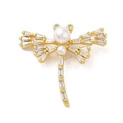 Clear Brass Micro Pave Clear Cubic Zirconia Pendants, Cadmium Free & Lead Free, with Shell, Real 16K Gold Plated, Dragonfly, Clear, 30~30.5x31x11mm, Hole: 2mm