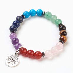 Смешанные камни Чакра ювелирные изделия, натуральный и синтетический браслет из драгоценных камней, со сплавочной фурнитурой, плоские круглые с деревом, 2-1/8 дюйм (5.5 см), Кулон : 20x15x2 мм