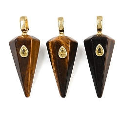 Tiger Eye Natural Tiger Eye Pointed Pendants, Faceted Cone Charms with Brass Micro Pave Cubic Zirconia Findings, Golden, 49~49.5x18.5~19x17.5~18mm, Hole: 5.5x7.5mm