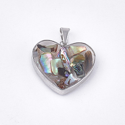Colorful Black Lip Shell Pendants, with Glass and 304 Stainless Steel Findings, Heart, Stainless Steel Color, Colorful, 19x21x6mm, Hole: 3x5.5mm