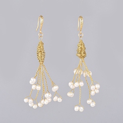 Golden Dangle Earrings, with Natural Freshwater Pearl Beads, Copper Wire, Brass Earring Hooks and Cardboard Boxes, Floral White, Golden, 75mm, Pin: 0.9mm