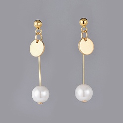 Real Gold Plated Glass Pearl Beads Dangle Stud Earrings, with 304 Stainless Steel & Brass Findings, Ear Nuts, Golden, 36mm, Pin: 0.8mm