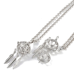 Platinum Brass Pendant Necklaces, Iron Rolo Chains, Woven Net/Web with Feather, Platinum, 32.05 inch(814mm)