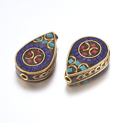 Синий Индонезийские бусины ручной работы, с латунной фурнитурой , без никеля , слеза, без покрытия, синие, 26x17~17.5x7.5~8.5 мм, отверстие : 2 мм