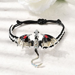 Черный Браслеты из сплава птерозавров, украшенные эмалью и стразами., Регулируемые браслеты из вощеного шнура для женщин и мужчин, античное серебро, чёрные, внутренний диаметр: 2.01~3.35 дюйм (5.1~8.5 см)