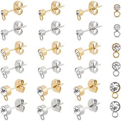 Золотой & Цвет Нержавеющей Стали 36шт. 6 стиль 304 фурнитура для сережек-гвоздиков из нержавеющей стали, с горизонтальными петлями и хрустальными стразами, колонка, золотые и нержавеющая сталь цвет, 6~8x3~5 мм, отверстие : 1.8 мм, штифты : 0.7 мм, 6 шт / стиль