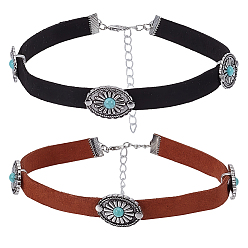 (52) Непрозрачная лаванда 2шт. 2 цвета сплав паве синтетический бирюзовый овальный чокер из искусственной кожи для женщин, античное серебро, разноцветные, 11.42 дюйм (29 см), 1 шт / цвет