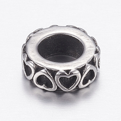 Antique Silver 304 Stainless Steel Beads, Flat Round with Heart, Antique Silver, 10x3mm, Hole: 6mm