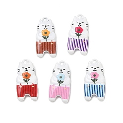 Mixed Color Alloy with Enamel Pendants, Cat Shape with Flower Charms, Mixed Color, 18.5x9x4mm, Hole: 1.2mm