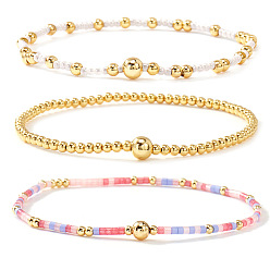 Разноцветный 3шт. 3 стильные браслеты из стеклянного бисера и латунных бусин, эластичные, для женщин, круглые, красочный, 6.50 дюйм (16.5 см)