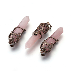 Rose Quartz Natural Rose Quartz Pointed Pendants, with Red Copper Plated Brass Findings, Bullet, 57~60x16mm, Hole: 8x5mm