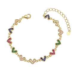 Разноцветный Браслеты с звеньями из латуни и циркония в виде сердца для женщин с микропаве, красочный, 6-7/8 дюйм (17.5 см)