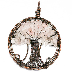 Розовый Кварц Естественно розового кварца большие кулоны, медная проволока, обернутая в плоском виде, с подвесками в виде деревьев, 50 мм