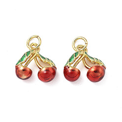 Вишня Латунь эмаль подвески, без кадмия и без свинца, реальный 18 k позолоченный, вишня, 13x13x6 мм, отверстие : 3 мм