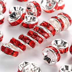 Light Siam Brass Grade A Rhinestone Spacer Beads, Silver Color Plated, Nickel Free, Light Siam, 7x3.2mm, Hole: 1.2mm