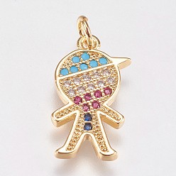 Golden Brass Micro Pave Cubic Zirconia Pendants, Boy, Golden with Mixed Color C.Z, 18.5x11.5x1.5mm, Hole: 2.5mm