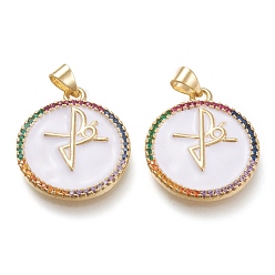 White Brass Micro Pave Cubic Zirconia Pendants, with Enamel, Real 18K Gold Plated, Flat  Round with Faith Cross, White, 23x20x2mm, Hole: 3x5.5mm