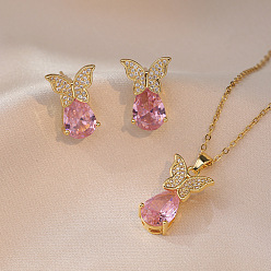 Роза Бабочка и слеза 304 серьги-гвоздики из нержавеющей стали со стразами и ожерелья с подвесками для женщин, роза, Ожерелья: 450 mm
