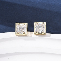 Квадрат Серьги-гвоздики из латунного микро-паве, стойки покрытие, долговечный, без кадмия и без свинца, реальный 18 k позолоченный, квадратный, 8.5x8.5 мм