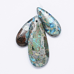 Синий Натуральный регалит / имперская яшма / морские отложения яшмовые подвески, с серебряной линией, окрашенные, слеза, синие, 34.5~50.5x15~20.5x6.5~7 мм, отверстие : 2 мм