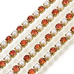 Гиацинт Цепочки из стразов, латунь , с абс пластмассовой имитационной жемчужиной, Цепочки со стразами в форме чашки , класс А, сырой (без покрытия), гиацинт, 2x2 мм, 4000 шт. Горный хрусталь / связка, около 32.8 футов (10 м) / пучок