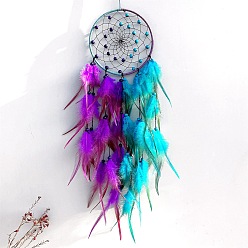 Фиолетовый Двухцветное стильное украшение из железного кулона, тканая сетка/паутина с перьями для подвесных украшений дома, фиолетовые, 700x150 мм