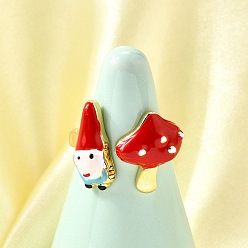 Настоящее золото 18K Латунные эмалевые манжеты открытые кольца для женщин, без кадмия и без свинца, гриб и гном, реальный 18 k позолоченный, 16 мм, внутренний диаметр: 17 мм