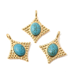 Настоящее золото 18K Синтетические бирюзовые подвески, Подвески в форме ромба с латунными оправами, реальный 18 k позолоченный, 23.5x19~19.5x5 мм, отверстие : 3 мм